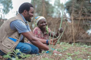 Grace Ganisikale works in her permargarden which is protected by a fence made of palm fronds. She built her garden with help from Mercy Corps.