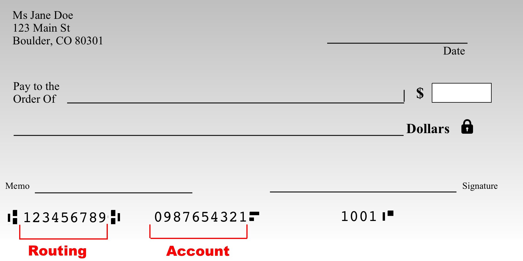 Location of routing and account numbers identified on a mock check.